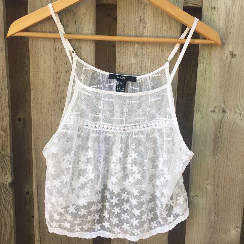 F21 white fishnet embroidered crop top - size S